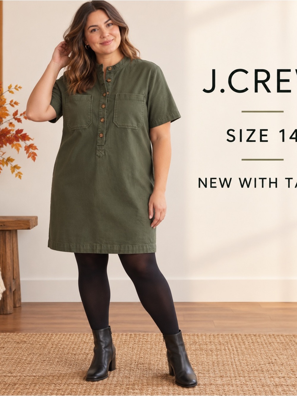 J. Crew Olive Green Short-Sleeve Button-Front Tunic